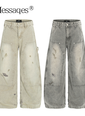 2Messages 美式做旧水洗泼墨伐木弯刀工装裤男女宽松直筒休闲裤
