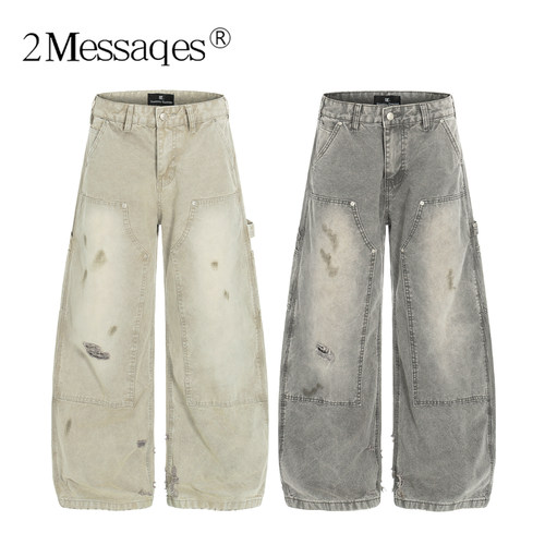 2Messages 美式做旧水洗泼墨伐木弯刀工装裤男女宽松直筒休闲裤