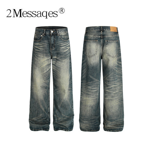 2Messages美式水洗猫须牛仔裤男直筒压痕做旧cleanfit拖地长裤