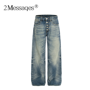2Messages 美式复古水洗做旧直筒牛仔裤男女宽松阔腿小众高街长裤