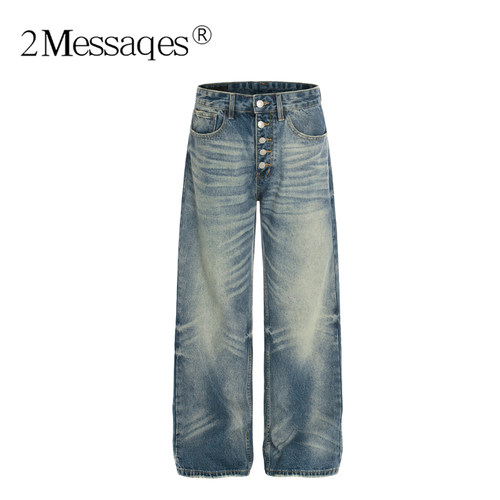 2Messages 美式复古水洗做旧直筒牛仔裤男女宽松阔腿小众高街长裤