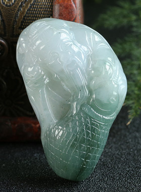 玉茗缘翡翠 正品A货翡翠渔翁得利手把件冰糯种渔翁手玩件玉坠大号