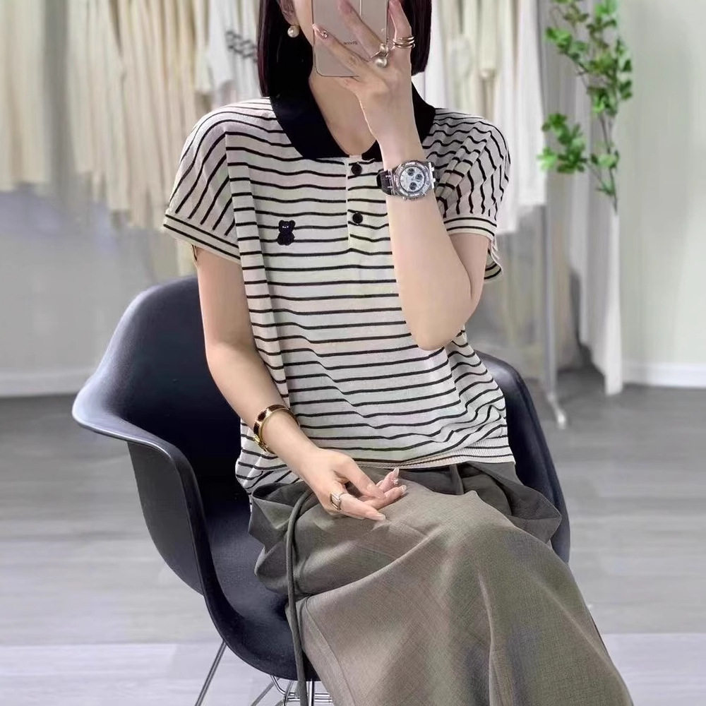 翻领撞色条纹时尚短袖t恤女夏季毛针织衫