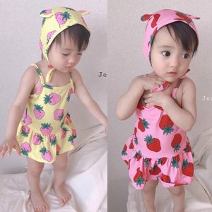 现货韩国正品童装婴儿连体泳衣女宝宝可爱草莓吊带泳衣泳帽套装夏