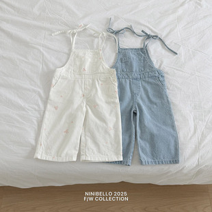休闲直筒连体裤 纯棉水洗高腰牛仔背带裤 女童春季 韩国进口婴幼童装