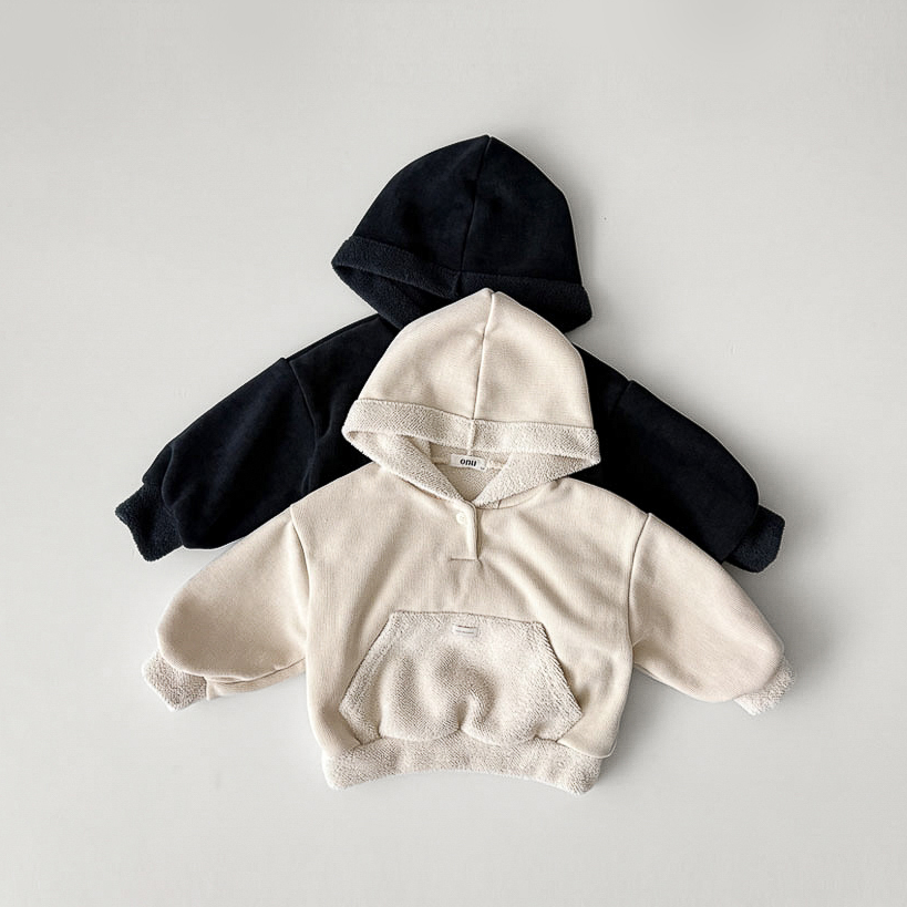 现货韩国进口婴幼童装冬款加绒加厚连帽卫衣韩版口袋休闲套头帽衫