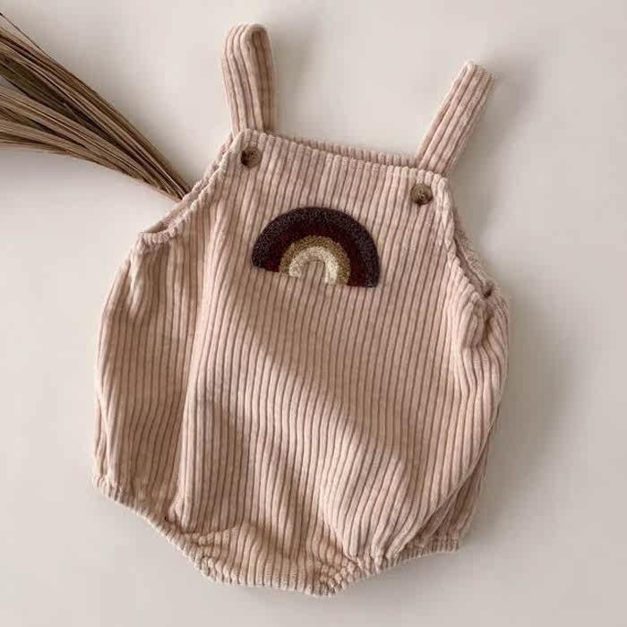 现货韩国进口婴幼儿可爱彩虹灯芯绒爬服背带裤宝宝秋冬条绒田鸡裤