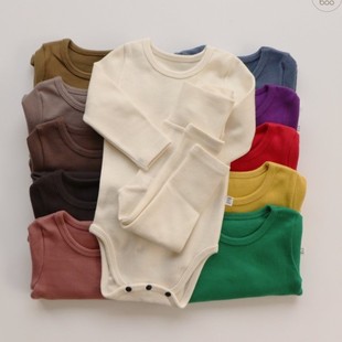 韩国进口婴儿加厚磨毛纯棉打底连体衣家居爬服护肚裤套装peekaboo