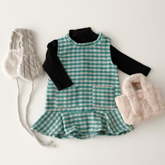 现货韩国进口婴幼童装小香风毛呢连衣裙气质款格子背心裙女孩洋装