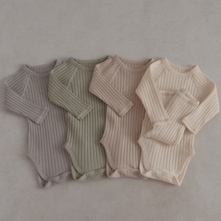 现货韩国进口婴儿坑条弹力连体衣家居爬服套装护肚打底裤PEEKABOO