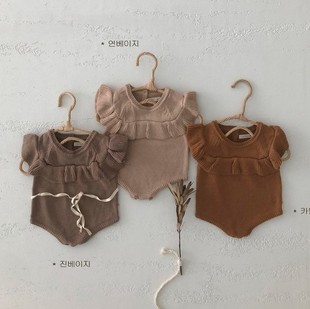 现货韩国进口婴儿小飞袖针织马甲连体衣秋冬女宝宝可爱洋气包屁衣