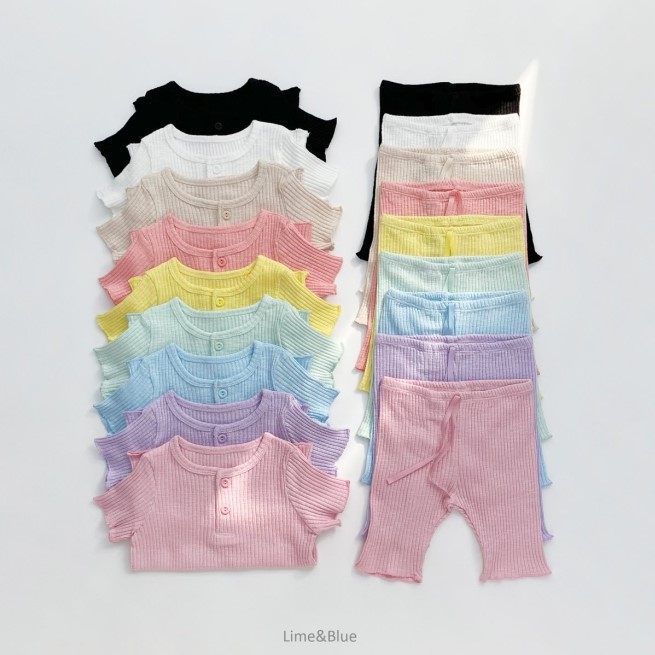 现货韩国进口婴幼童装弹力修身短袖家居服套装糖果色薄款透气睡衣