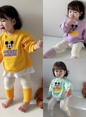 韩国进口婴幼童装冬款多巴胺糖果色卡通米奇加绒假两件卫衣套装