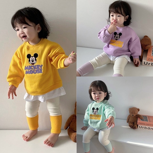 韩国进口婴幼童装冬款多巴胺糖果色卡通米奇加绒假两件卫衣套装