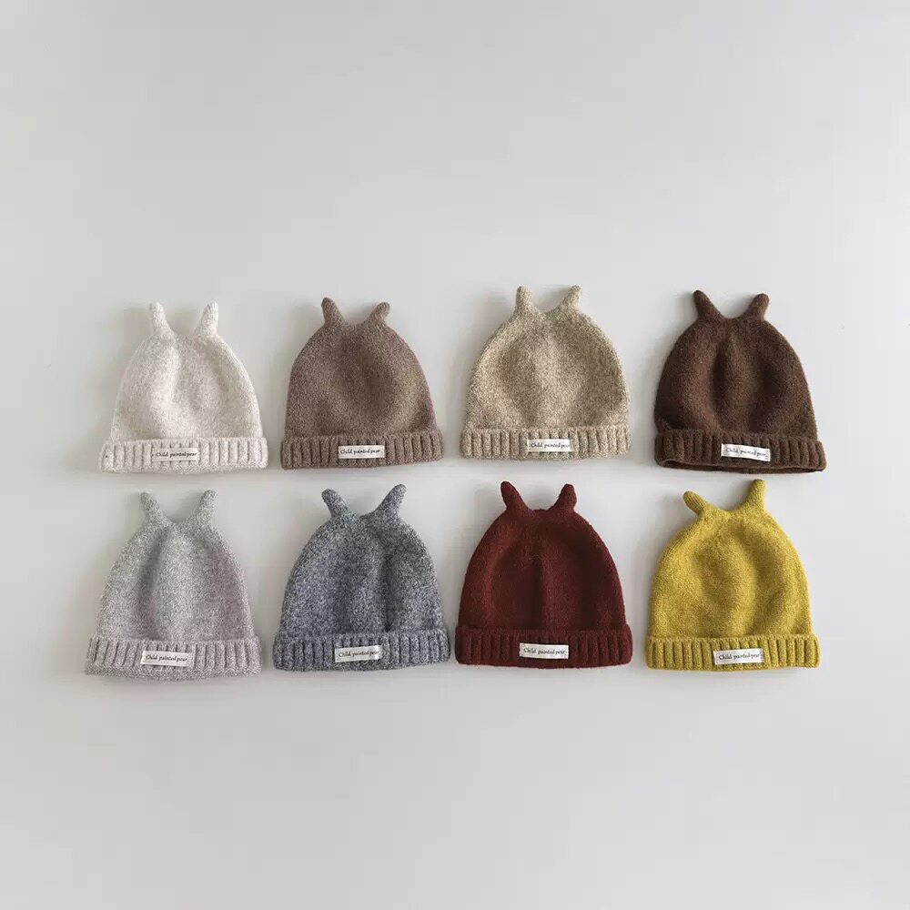 韩国儿童可爱犄角耳朵帽子男女童秋冬保暖字母小标针织毛线帽
