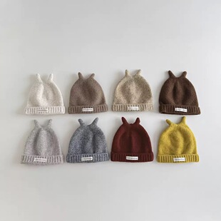 韩国儿童可爱犄角耳朵帽子男女童秋冬保暖字母小标针织毛线帽