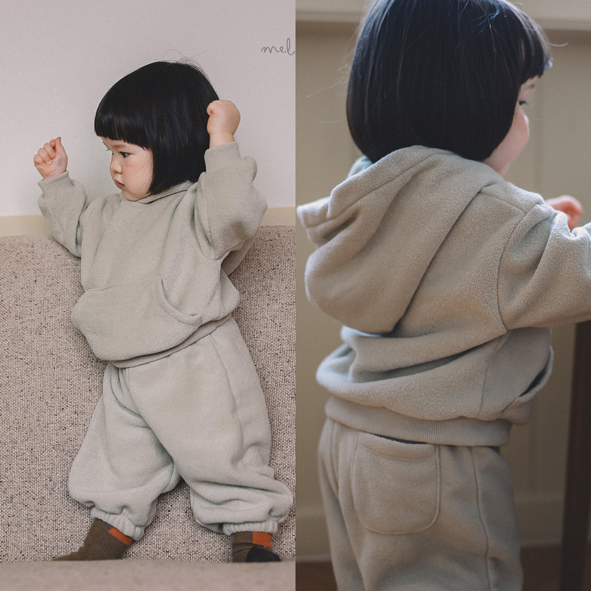 韩国进口婴幼童装冬款松弛感毛巾棉加绒连帽卫衣卫裤休闲运动套装