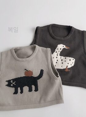 韩国婴幼童装春秋可爱韩版森系全棉针织马甲小猫插画防风背心坎肩