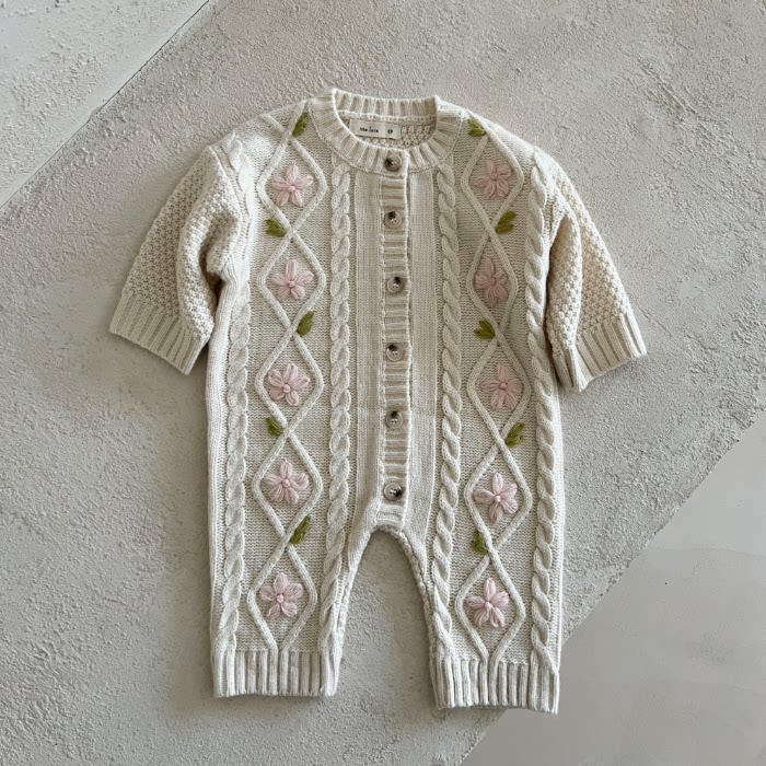韩国进口婴儿女宝宝春秋粉嫩小花麻花纹爬服毛衣针织外出服连体衣