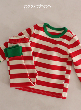 现货韩国进口婴幼童装圣诞氛围感红绿条纹家居服套装PEEKABOO秋衣