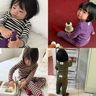 韩国进口婴幼童男女宝宝秋款柔软修身条纹长袖打底T恤家居服套装