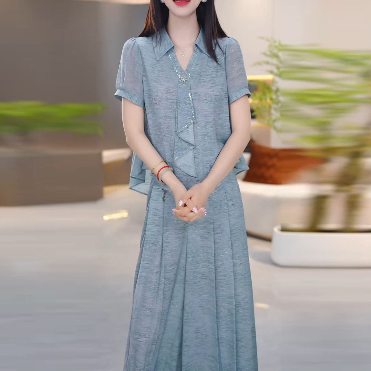 时尚套装长裤显瘦中长款气质夏季修身收腰薄款优雅宽松型两件套