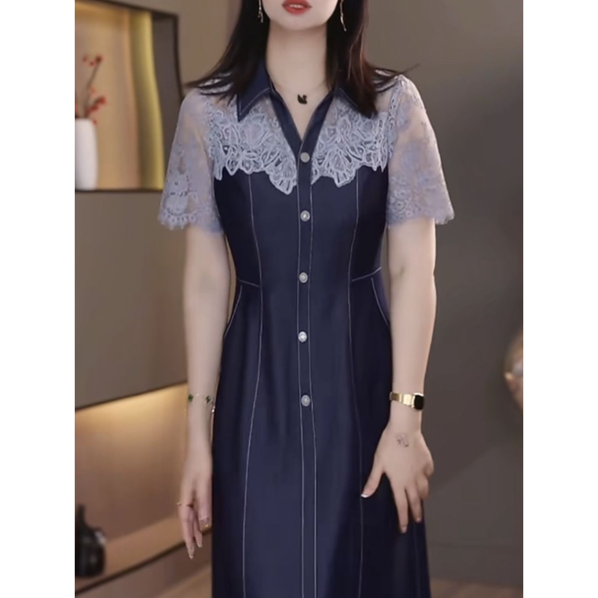 2026夏季爆款优雅洋气减龄礼服裙水溶蕾丝冰丝软牛仔时尚连衣裙