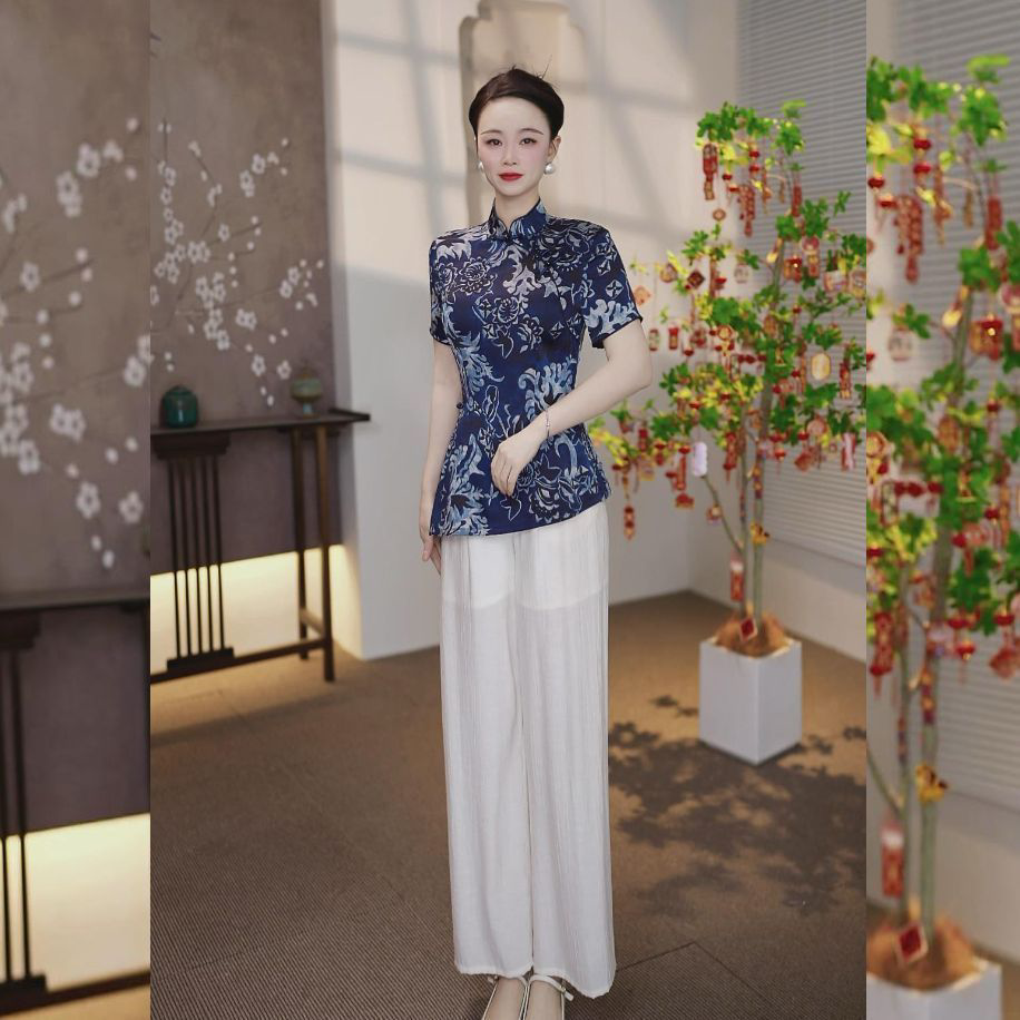2026年高级休闲新中式改良旗袍上衣裤子两件套夏季时尚精致套装女