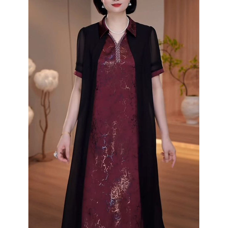 2026夏季新款精致减龄显瘦裙子琉璃珠光缎时尚大码假两件礼服裙女