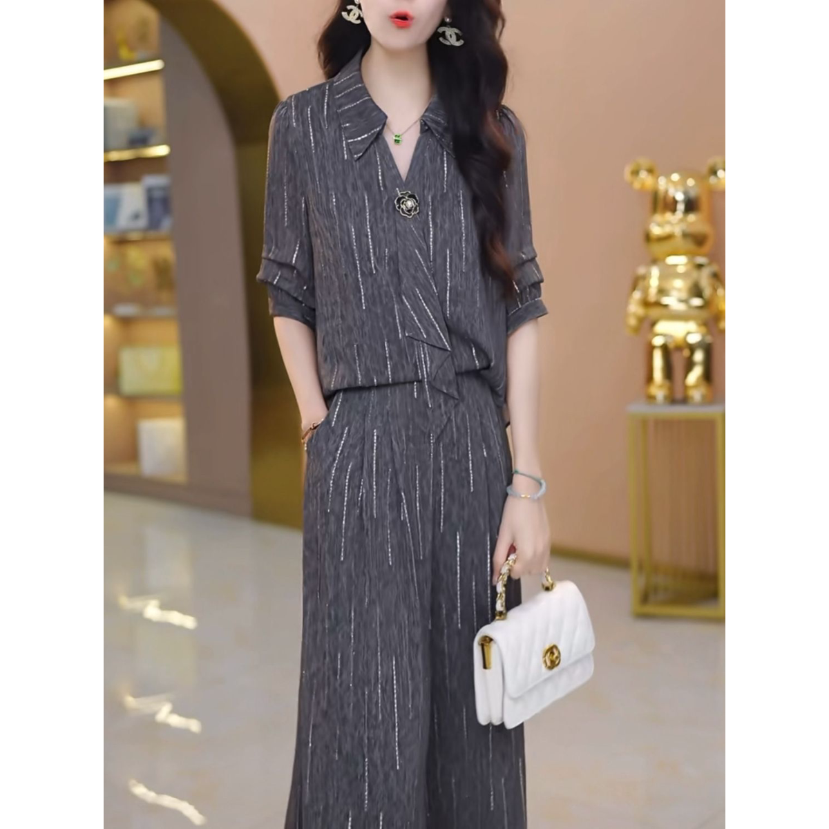 2026夏季新款减龄气质上衣裤子修身俩件套高级云雾丝时尚优雅套装