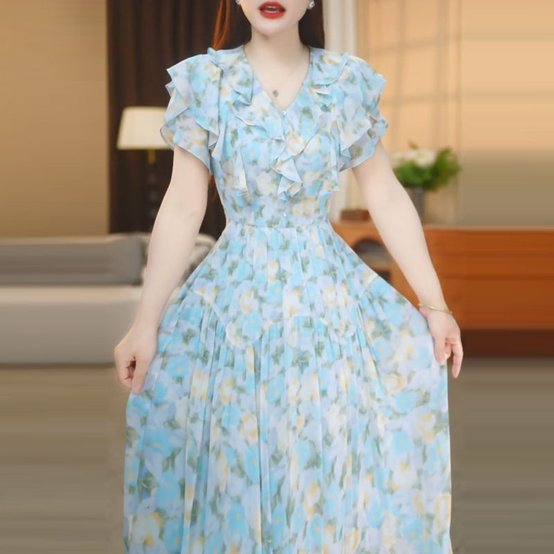 2026年夏装新款连衣裙女士V领荷叶边洋气减龄法式妈妈连衣裙M-4XL