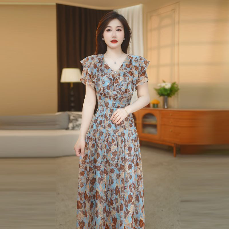 2026年夏季新款女装洋气优雅花色减龄中长款蛋糕连衣裙M-4XL