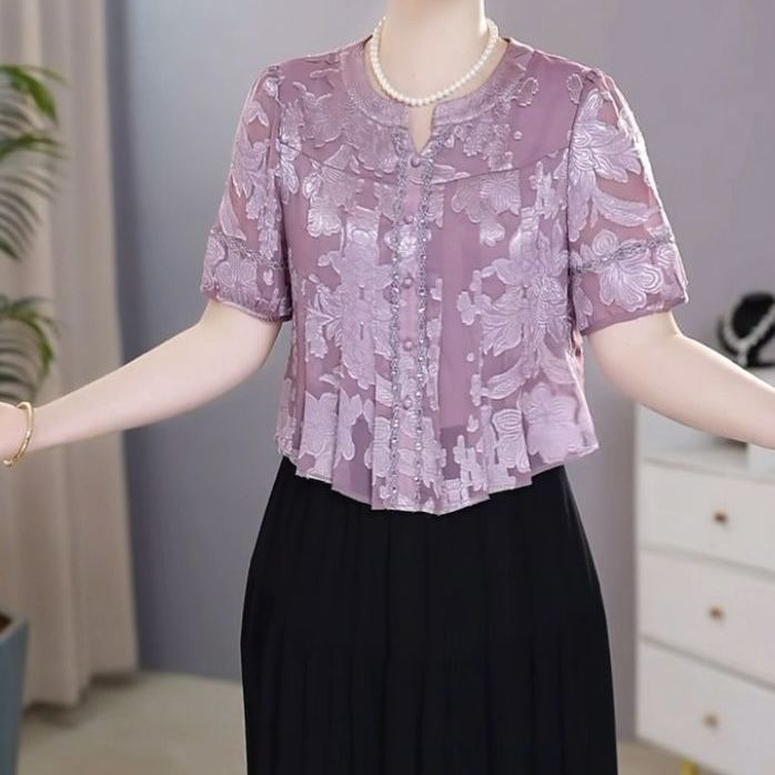 2026夏季新款妈妈装遮肉显瘦短袖薄款裙子高档云锦丝假两件礼服裙