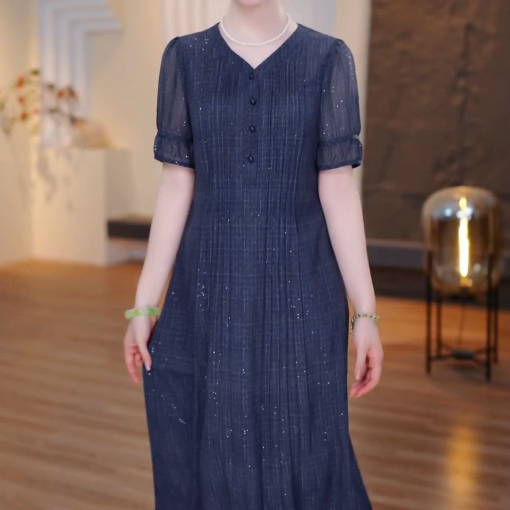 2026夏季新款遮肚子显瘦中长款礼服高档冰竹丝蓝色格纹显瘦连衣裙