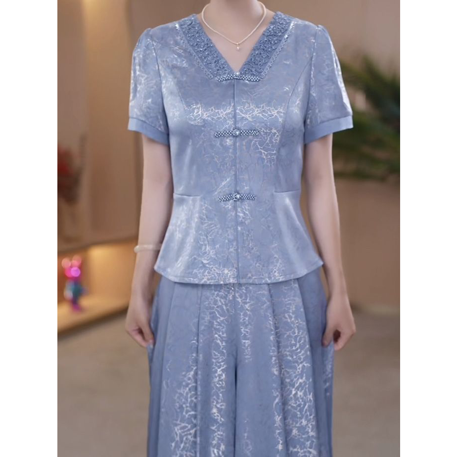 2026夏季新款气质上衣阔腿裤国风两件套冰丝提花缎时尚中式套装女