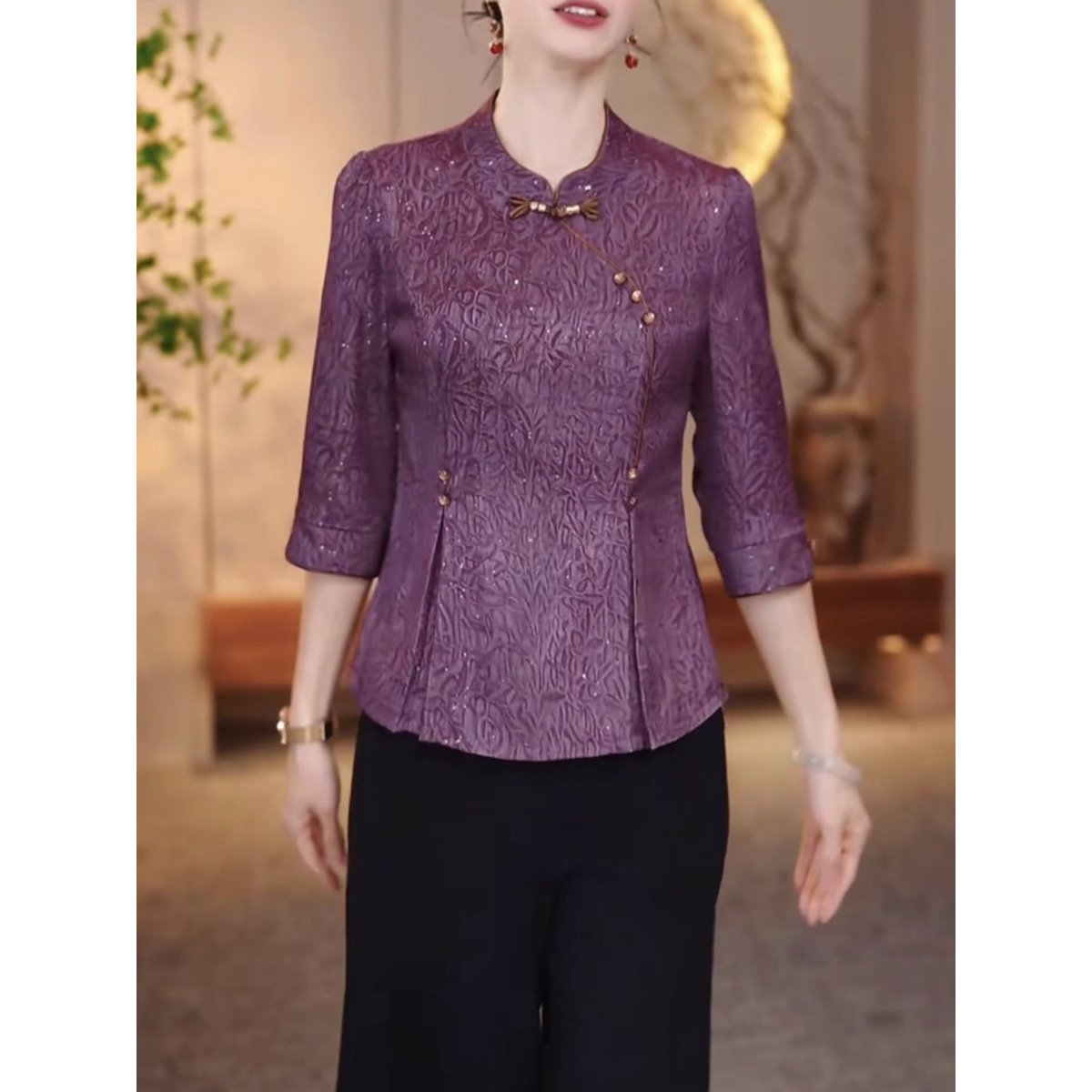 2026夏季新款气质国风中式上衣显瘦裤子套装高级桑波珍珠缎两件套