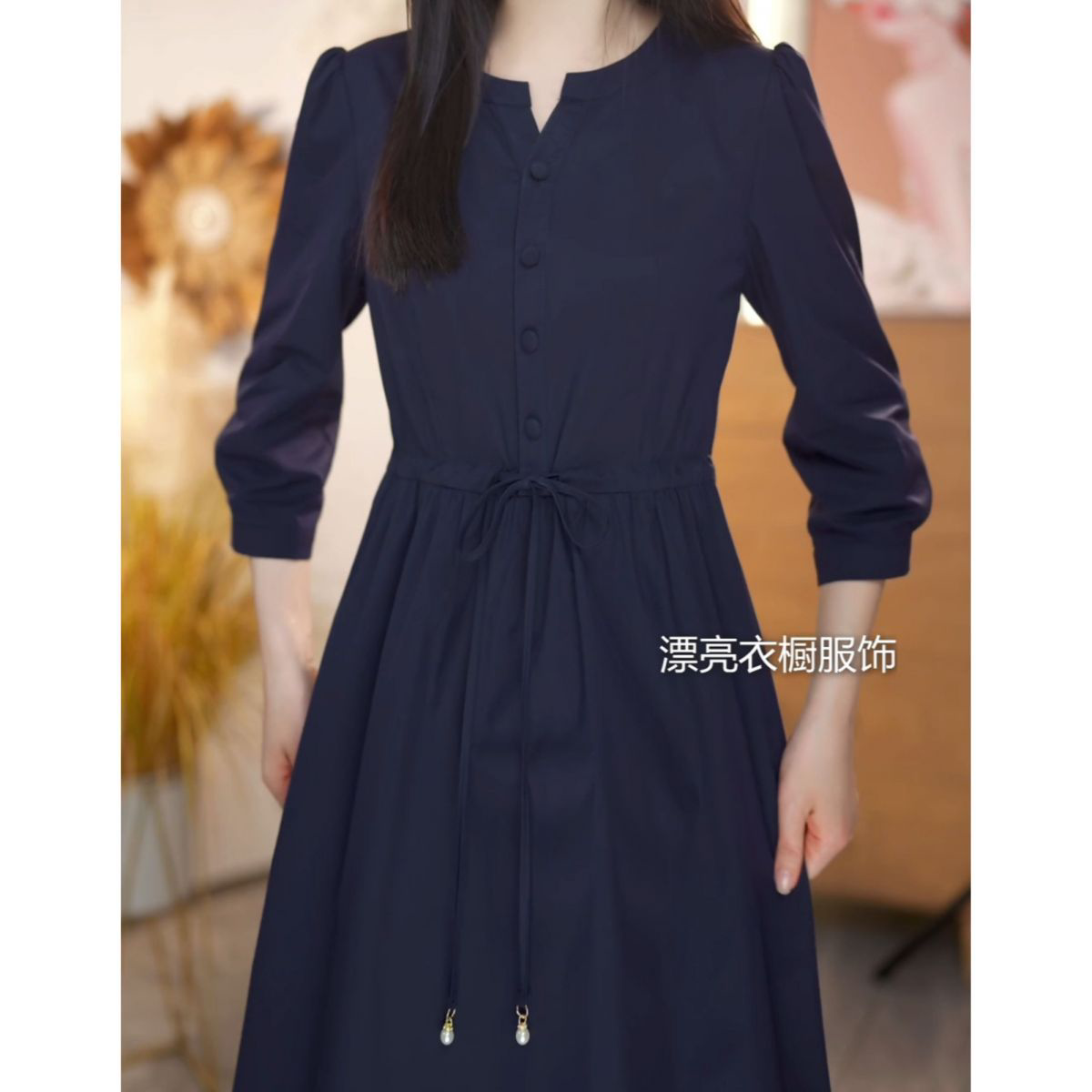 2026春季气质中长款裙子长袖蓝色时尚正品系带纯色收腰显瘦连衣裙