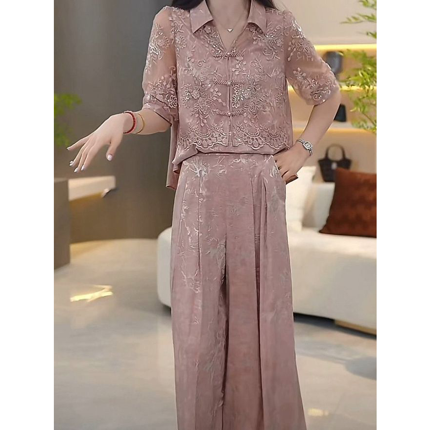 2026夏新款气质减龄宽松显瘦洋气套装新中式桑波缎两件套上衣裤子