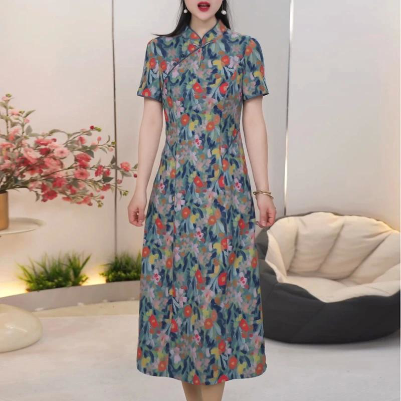2026夏季新款高贵妈妈礼服裙子新中式改良旗袍裙女短袖花色连衣裙