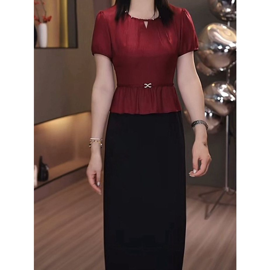 2026夏季新款气质优雅显瘦婚宴礼服裙子冰丝提花缎假两件套连衣裙