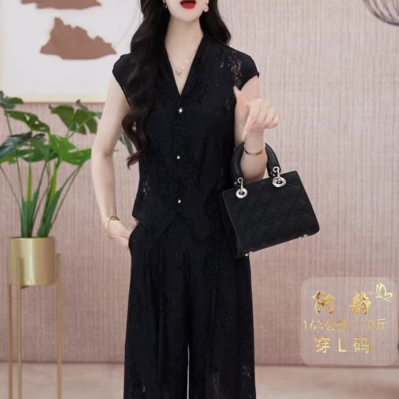 2026夏新款女士气质收腰显瘦时尚阔腿裤两件套蕾丝镂空时尚套装女