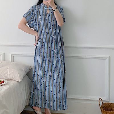 墨竹睡裙女夏季改良旗袍连衣裙盘扣日常茶艺师绝美裙子国风棉绸裙