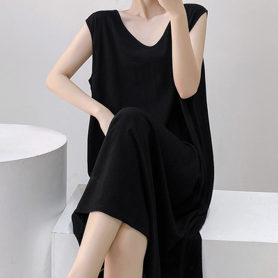 棉绸睡裙女士宽松中长款连衣裙无袖家居服睡衣前后背双V背心裙