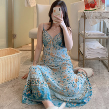 吊带睡裙女夏海边沙滩长裙棉绸睡衣新款家居服甜美小女生绵绸裙子