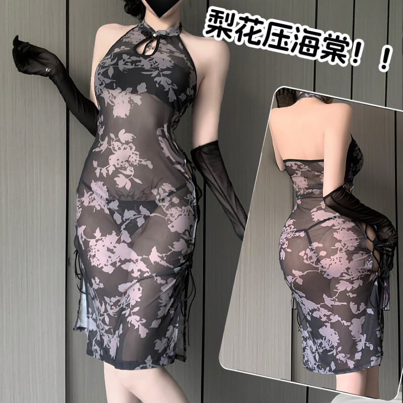 黑色情趣旗袍透视内衣性感新中式高开叉制服网纱睡衣情调诱惑约会