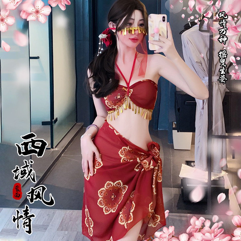 红色古风流苏性感肚兜睡衣套装