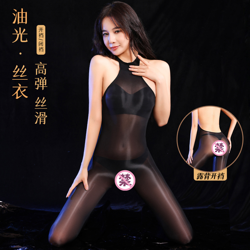 性感挂脖连体开裆马油丝袜