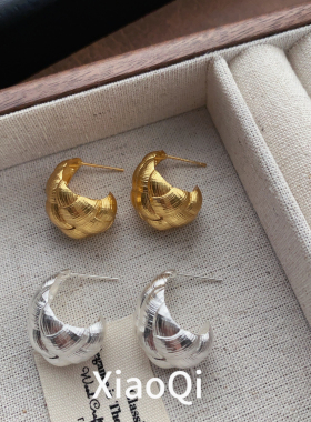 小柒家简约冷淡风编织C形耳环女精致气质高级感水滴耳钉耳饰品