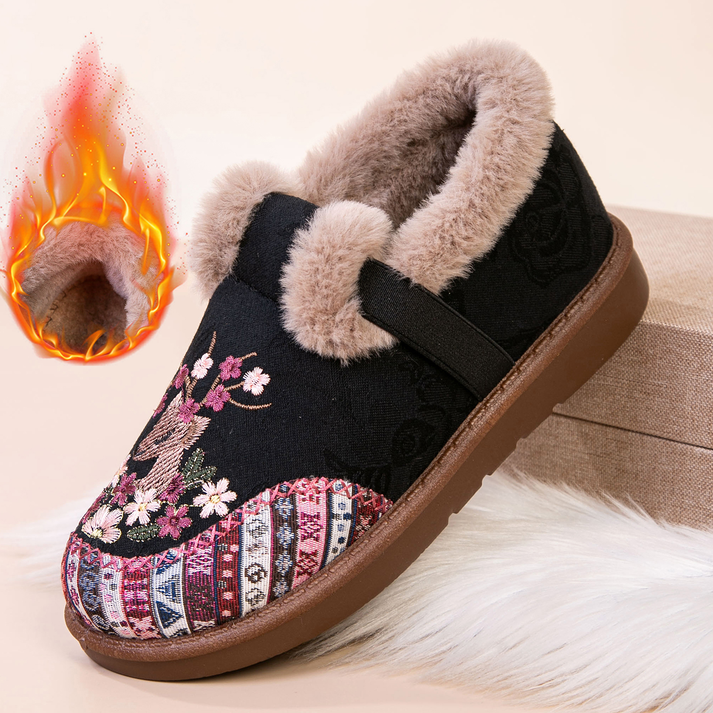 老北京棉女鞋女士老人棉鞋女款妈妈布鞋奶奶棉拖鞋绣花毛毛鞋冬鞋