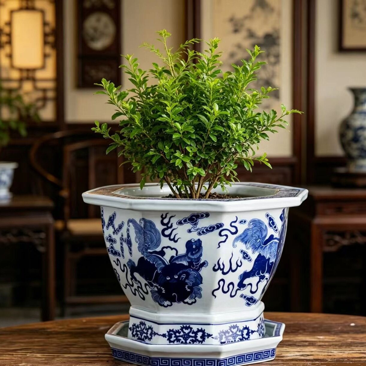 仿古青花瑞狮纹景德镇青花瓷八角花盆带托盘中式复古陶瓷花盆带孔